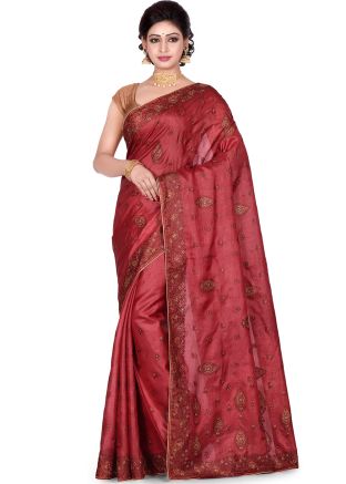 Maroon Pure Silk Embroidered Saree