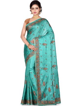 Turquoise Pure Silk Embroidered Saree