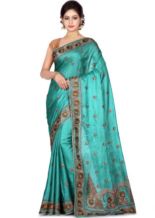Turquoise Pure Silk Embroidered Saree