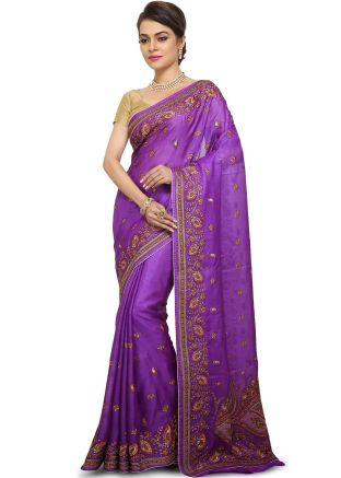 Purple Pure Silk Embroidered Saree