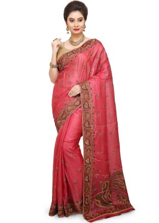 Red Pure Silk Embroidered Saree