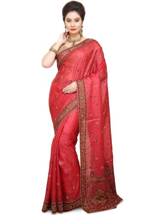 Red Pure Silk Embroidered Saree