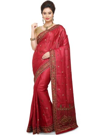 Red Pure Silk Embroidered Saree