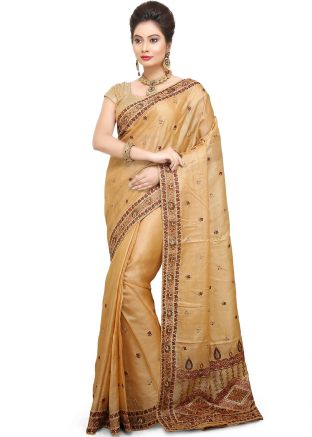 Beige Pure Silk Embroidered Saree