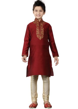 Readymade Maroon Dupion Silk Kids Kurta Pajama