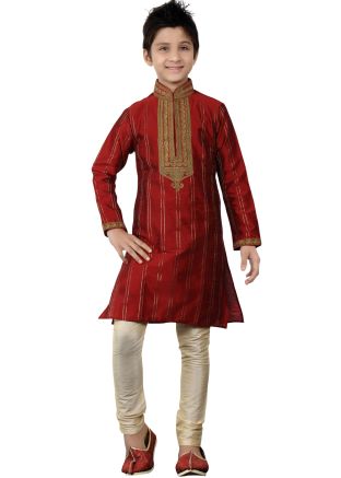 Readymade Maroon Art Silk Kids Kurta Pajama
