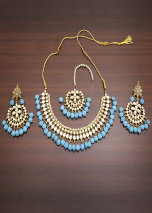 Pearl Beaded and Stone Studded Blue Necklace Set