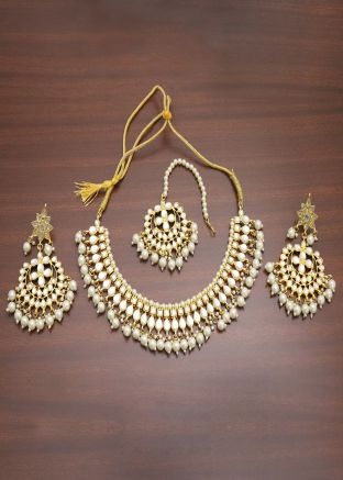 Pearl Beaded and Stone Studded White Necklace Set