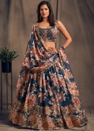 Floral Blue Organza Lehenga Choli With Dupatta