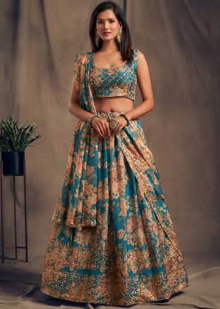 Blue Floral Printed Organza Bridesmaid Lehenga Choli
