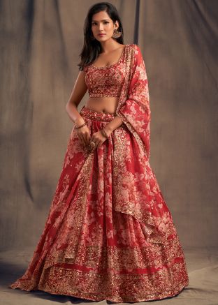Red Floral Bridesmaid Lehenga Choli In Organza