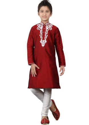 Readymade Maroon Art Silk Kids Kurta Pajama