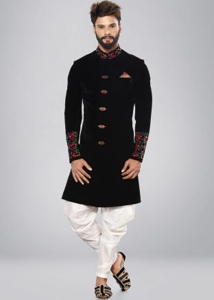 Black Readymade Velvet Indo Western Sherwani
