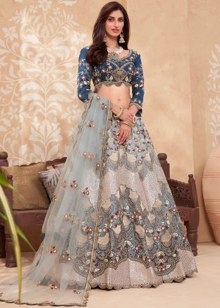 Mirror Embroidered Blue Lehenga Choli In Art Silk
