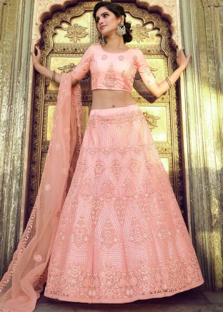 Peach Embroidered Net Lehenga Choli With Dupatta