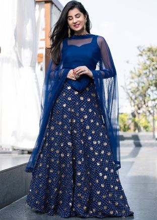 Blue Readymade Sequined Lehenga With Choli