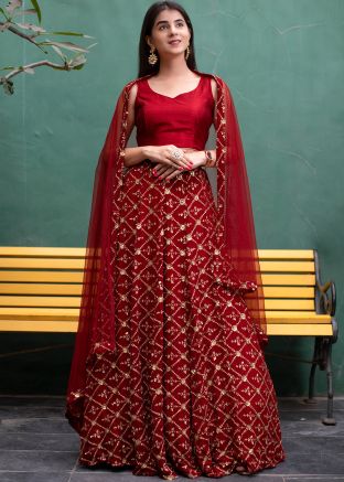 Red Embroidered Readymade Lehenga Choli In Georgette