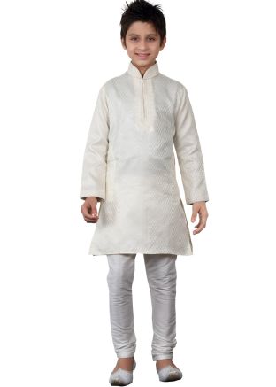 Readymade Off White Brocade Kids Kurta Pajama