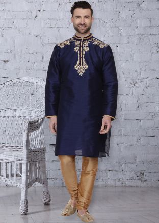 Navy Blue Readymade Dupion Silk Kurta Pajama