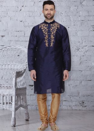 Readymade Navy Blue Kurta Pajama In Dupion Silk 