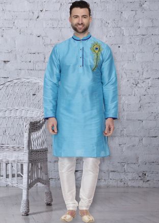 Readymade Sky Blue Embroidered Kurta Pajama