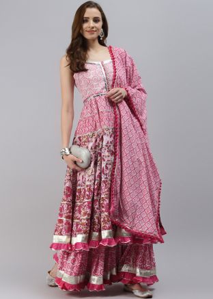 Pink Readymade Printed Flared Kurti Style Lehenga