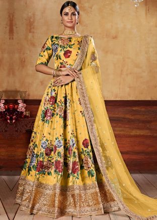 Yellow Floral Printed Lehenga Choli With Dupatta