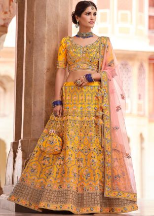 Embroidered Yellow Lehenga Choli In Crape