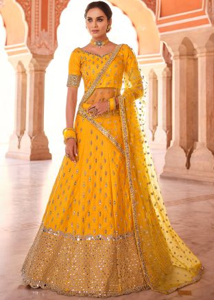 Yellow Mirror Embellished Lehenga Choli In Art Silk