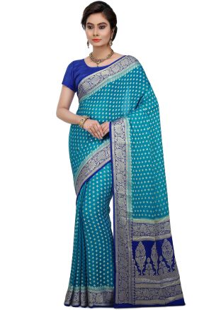 Sky Blue And Royal Blue Woven Pure Silk Saree Online