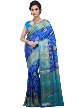 Royal Blue And Sky Blue Woven Indian Silk Saree