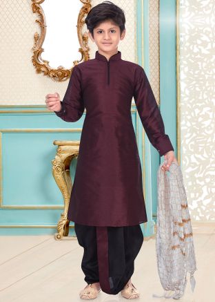 Magenta Dupion Silk Readymade Kids Kurta With Dhoti