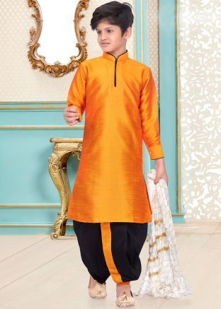 Yellow Readymade Dupion Silk Kids Kurta Dhoti Set