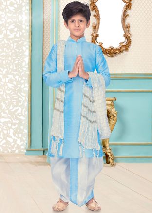 Blue Readymade Dupion Silk Kids Kurta With Dhoti