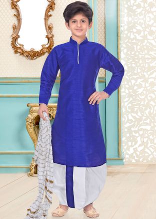 Blue Dupion Silk Readymade Kids Kurta Dhoti Set