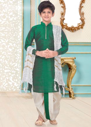 Green Dupion Silk Straight Cut Kids Kurta With Dhoti