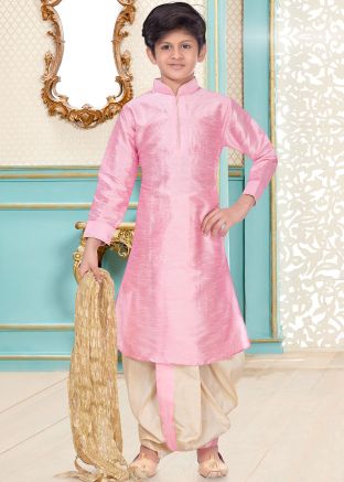 Pink Readymade Dupion Silk Kids Kurta Dhoti Set