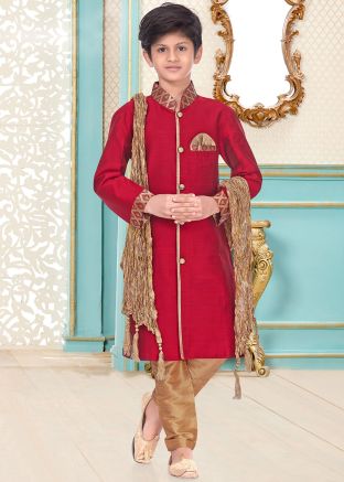 Red Cotton Silk Readymade Kids Kurta With Pajama
