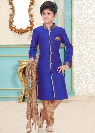 Readymade Blue Cotton Silk Kids Kurta With Pajama