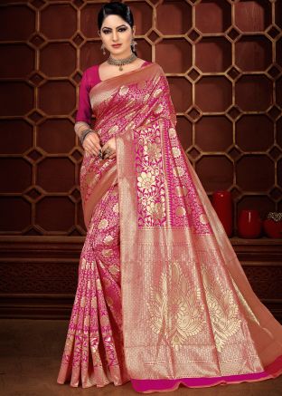 Buy Pink Woven Indian Banarasi Saree Online Shopping