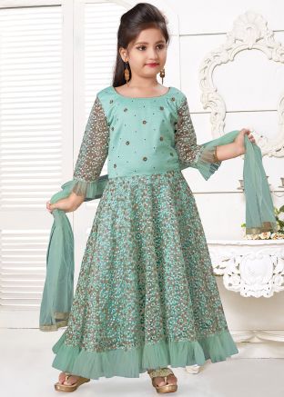 Green Embroidered Frilled Kids Anarkali Suit