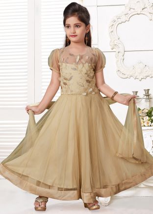 Beige Readymade Embroidered Kids Anarkali Suit
