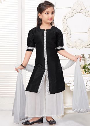 Black Art Silk Readymade Slit Style Kids Palazzo Suit