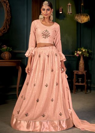 Peach Embroidered Lehenga Choli In Georgette