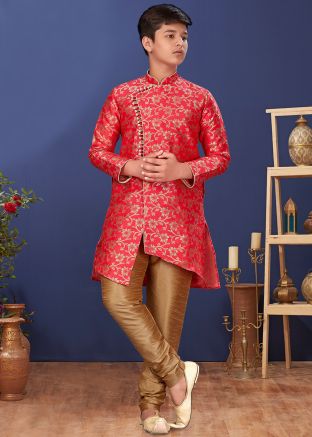 Red Asymmetric Jacquard Kids Sherwani Set