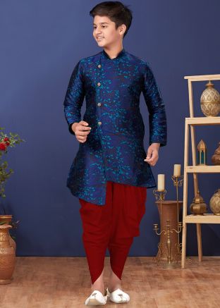 Dark Blue Jacquard Kids Readymade Sherwani