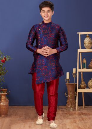 Asymmetric Kids Readymade Sherwani In Dark Blue