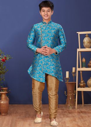 Light Blue Asymmetric Readymade Kids Sherwani Set