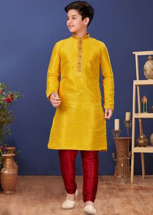 Kids Yellow Readymade Jacquard Kurta Pajama