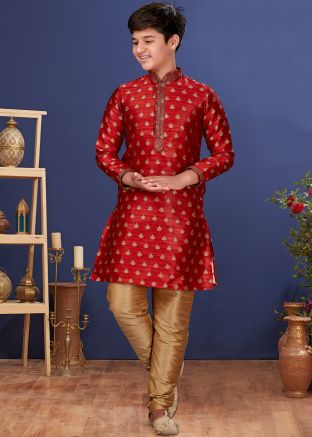 Kids Readymade  Jacquard Kurta Pajama In Red